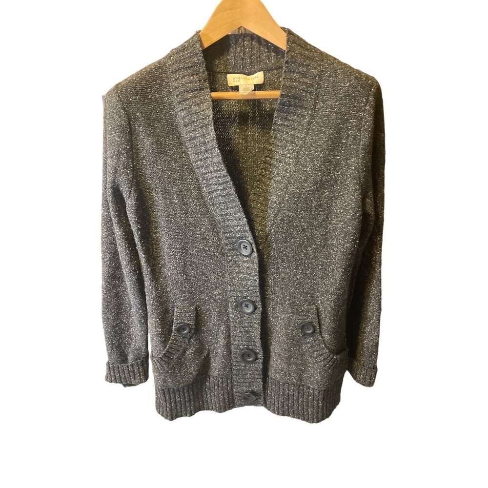 Jones New York Gray Knit Buttoned Grandpa Cardigan Sweater Sz M